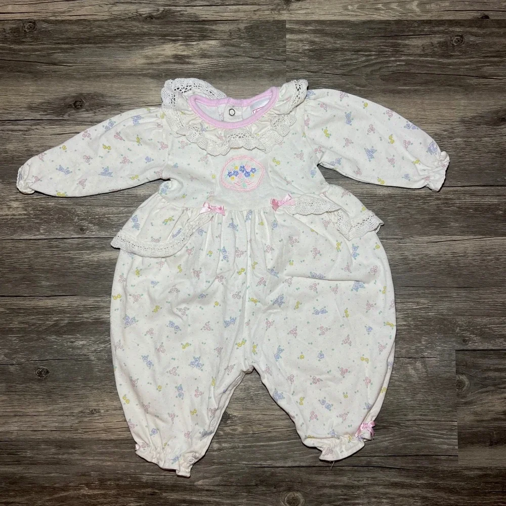 VTG Buster Brown‎ Baby Girl Romper 6-9M Pastel Floral Lace Cottagecore USA Made